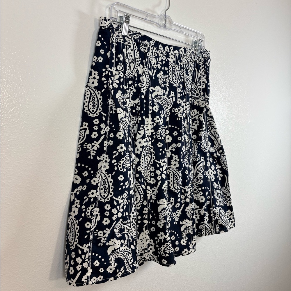 Liz Claiborne Navy White Paisley 100% Cotton A-Line Skirt Size 8 Preppy Coastal